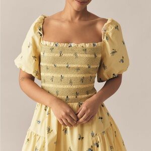 Anthropologie Puff Sleeve Yellow Smocked Dress